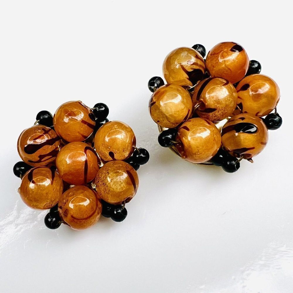 Vintage Earrings Black Orange Amber Tone Cluster Clip On Hong Kong Colorful 4107